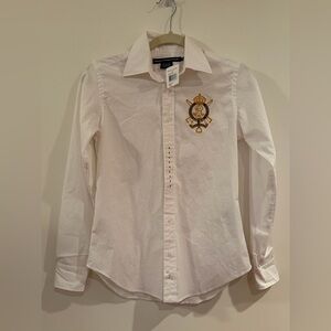 Ralph Lauren Sport White Shirt with Gold and Blue Embroidered Crest - Size 4